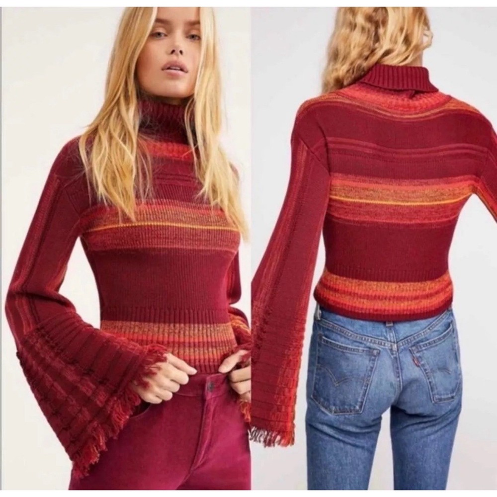 Free People Close To Me Pullover Sweater Small Red Stripe Cowl Neck Bell Sleeve